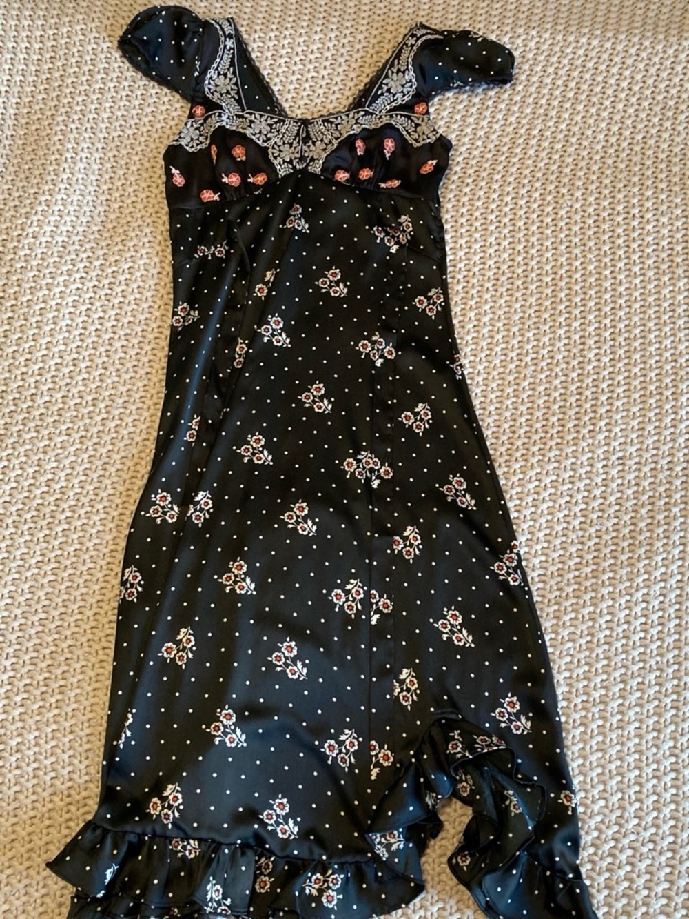 FREE PEOPLE HAVEN Black Floral Satin Chemise with Ruffle Hem
